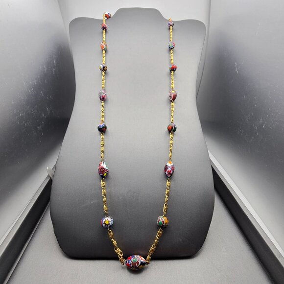 VTG Venetian Murano Millefiori Glass Beaded Station Necklace 31" Gold Plated - Picture 2 of 11